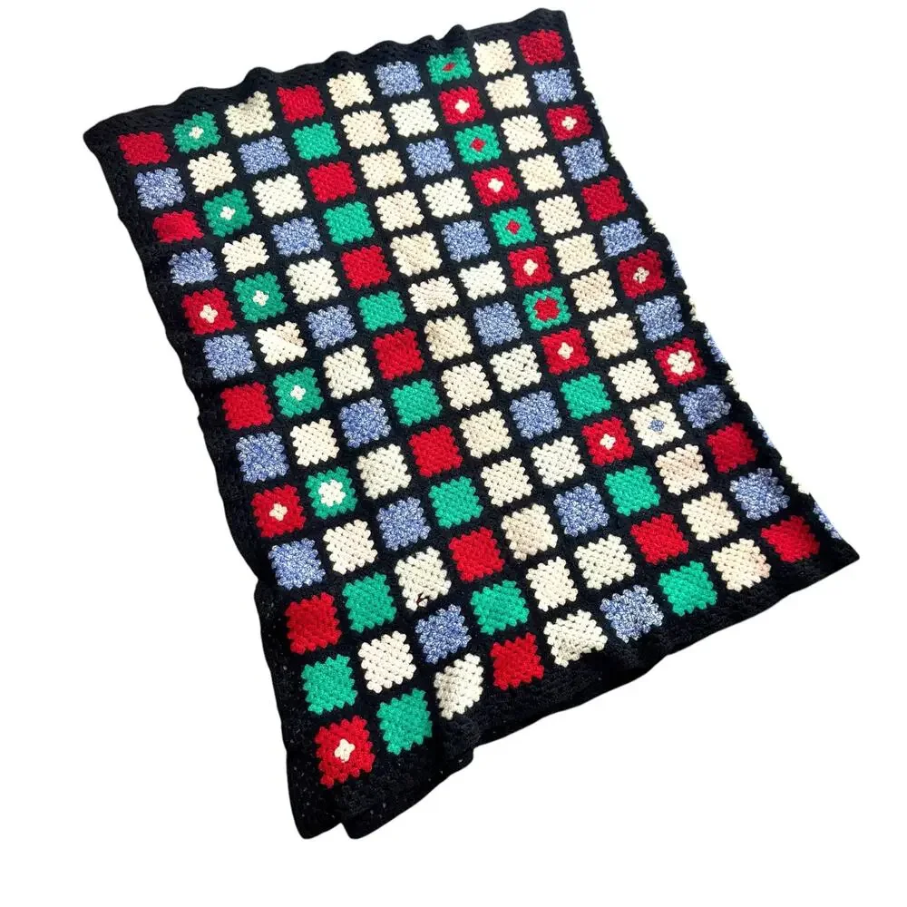 Vintage Granny Square Handmade Afghan Knitted Throw Blanket Multicolor 32”x43”